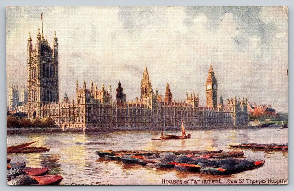 Vintage Tuck's Oilette Postcard 7898 Houses of Parliment Big ben London Flower